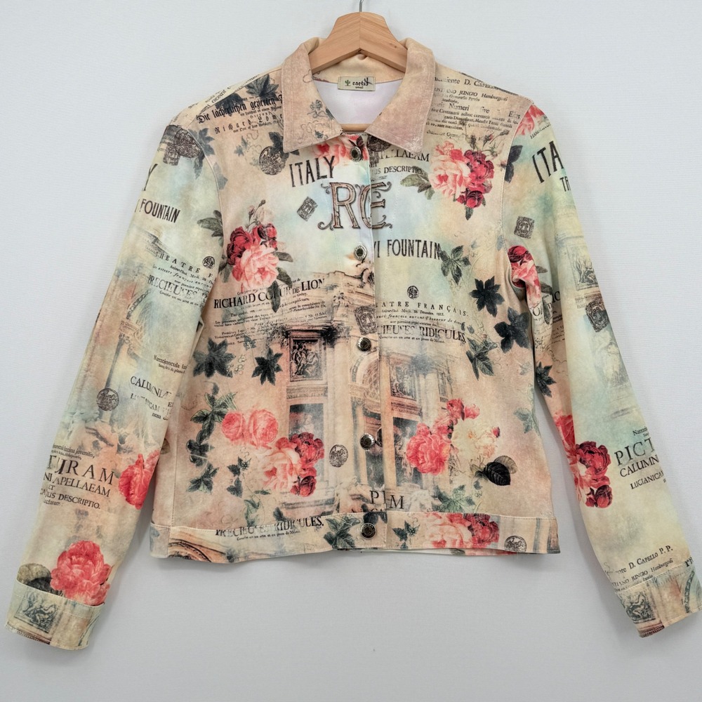 Cactus Italy Newsprint Floral Jacket Womens Small Tan Pink Trevi Fountain Art